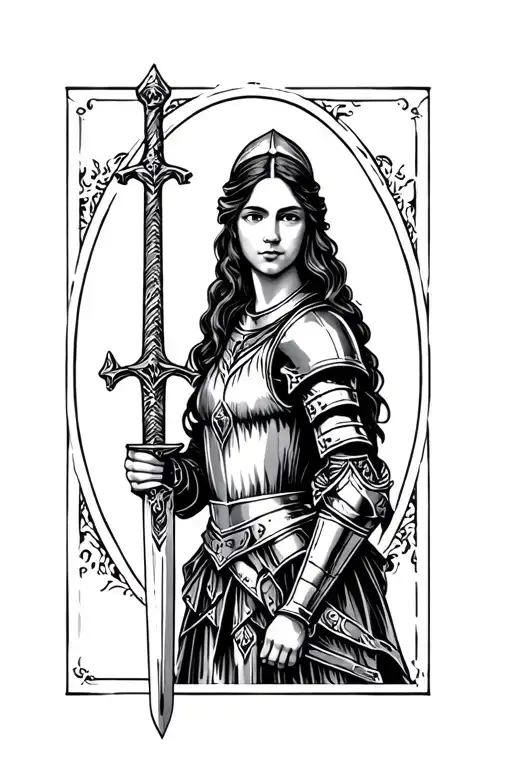 Medieval Lady Knight Holding A Sword In Woodcut Style