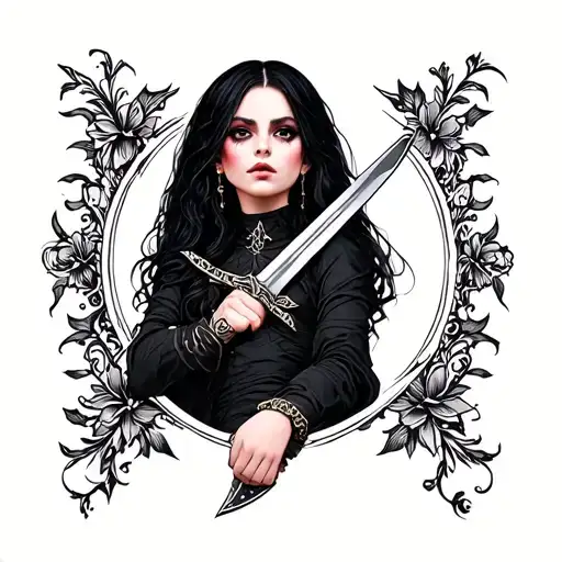 Portrait Of Goth Girl With Black Hair Holding Dagger