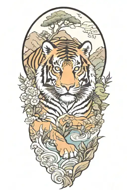Asian Landscape Tattoo Featuring Tiger Emerging