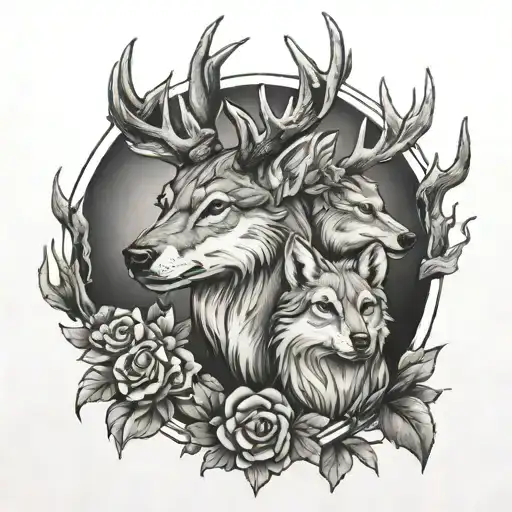 Buck Deer With Female Wolf Memorial