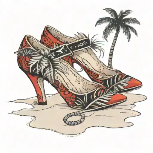 Pair Of Red High Heels Laying On Sand By Edge Of Ocean With Palm Tree