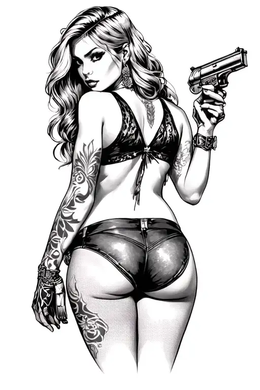 Gunslinger Pinup Girl Looking Back Wearing Thong