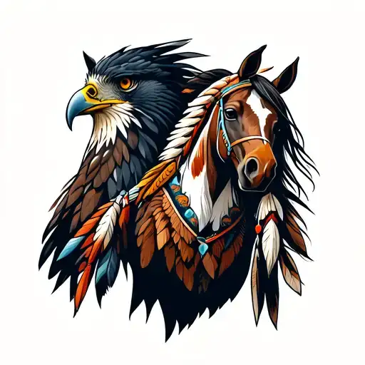 Native American Hawk And Horses