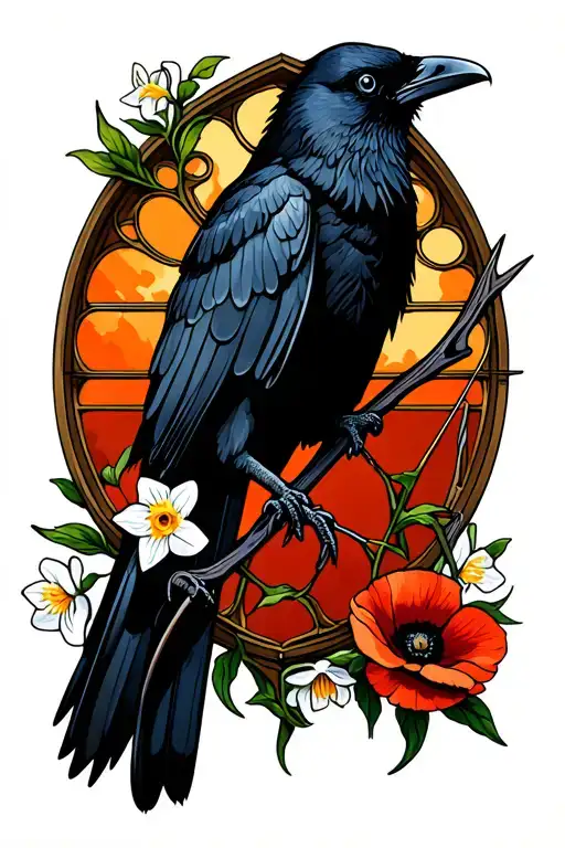 Gothic Window With A Raven Perched On A Bow And Arrow With Narcissus And Poppy Flowers