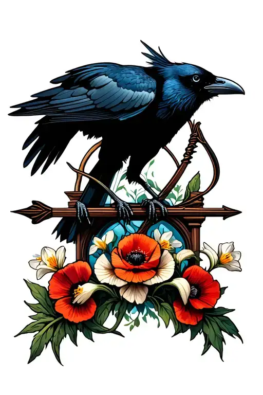 Cathedral Window With A Raven Perched On A Bow And Arrow With Narcissus And Poppy Flowers