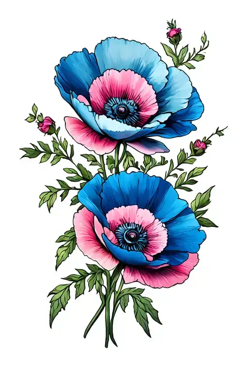 Blue And Pink Poppies Blooming