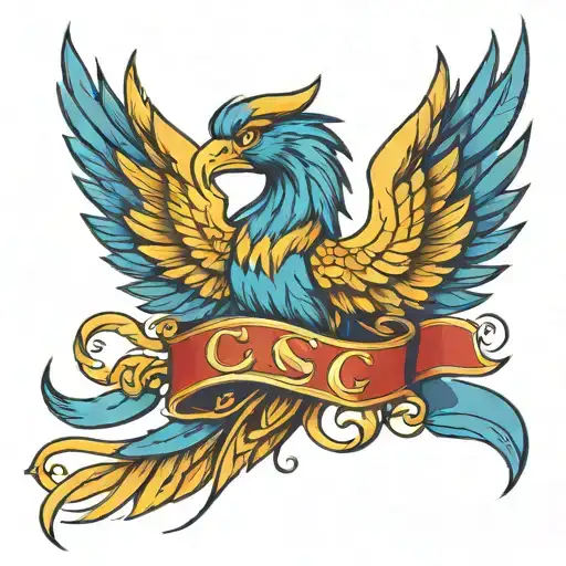 Phoenix With The Letters Csc On Each Wing And A Blue And Gold Sash Tied Around Its Body
