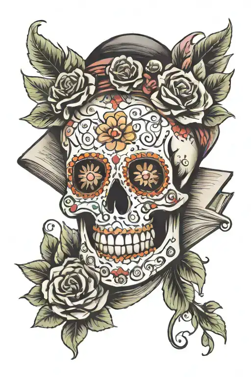 Sugar Skull With A Book On Its Forehead