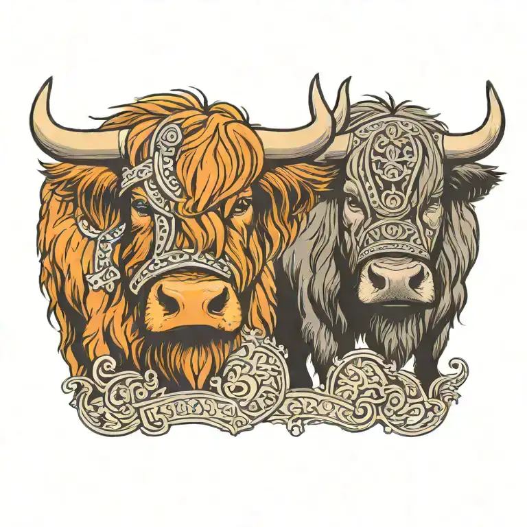 Highland Cow Wearing A Viking Helmet Touching Noses With Another Highland Cow With A Shield