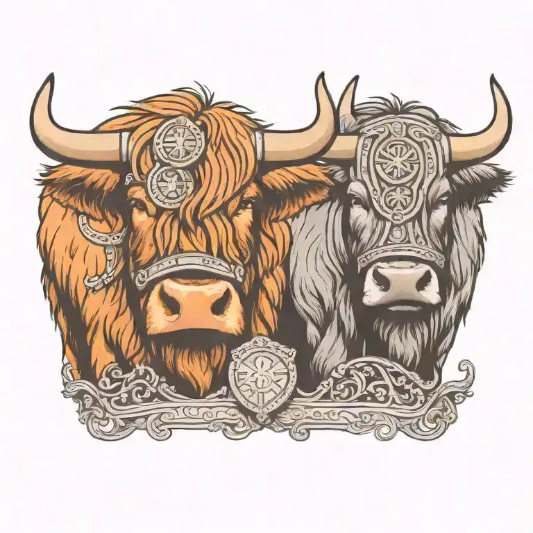 Highland Cow Wearing A Viking Helmet Touching Noses With Another Highland Cow With A Shield