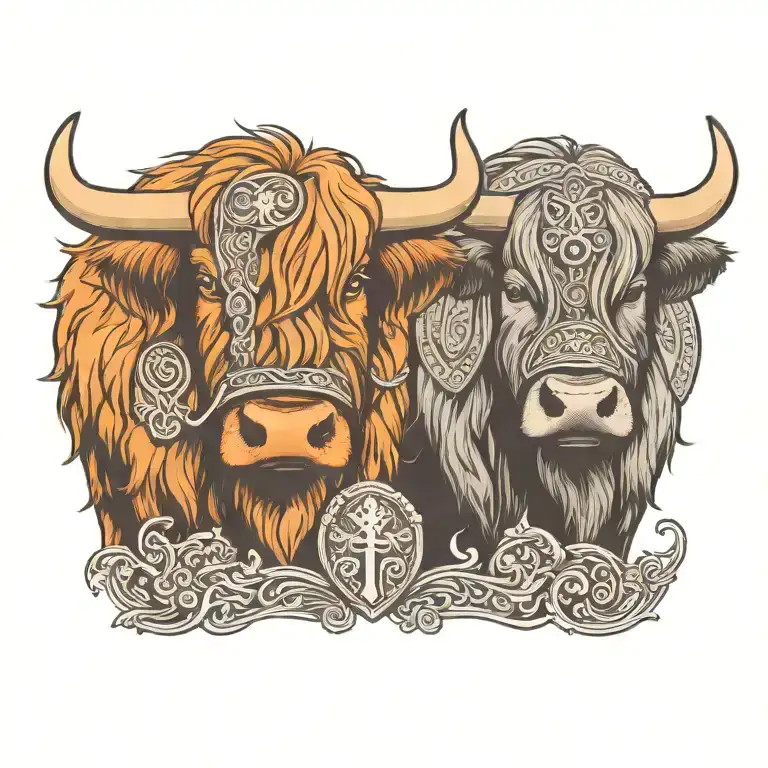 Highland Cow Wearing A Viking Helmet Touching Noses With Another Highland Cow With A Shield
