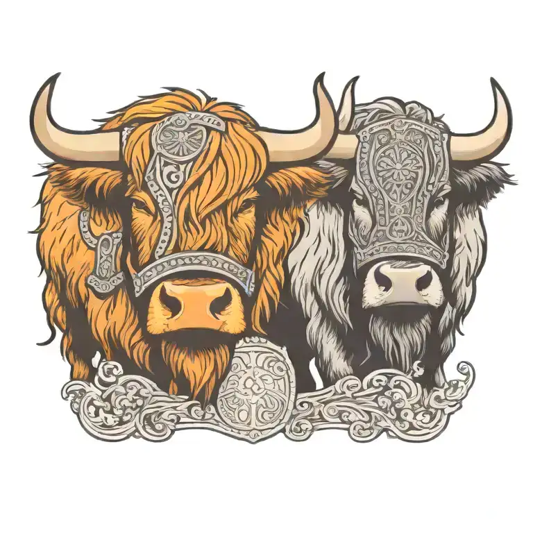 Highland Cow Wearing A Viking Helmet Is Nose To Nose With Another Highland Cow With A Shield