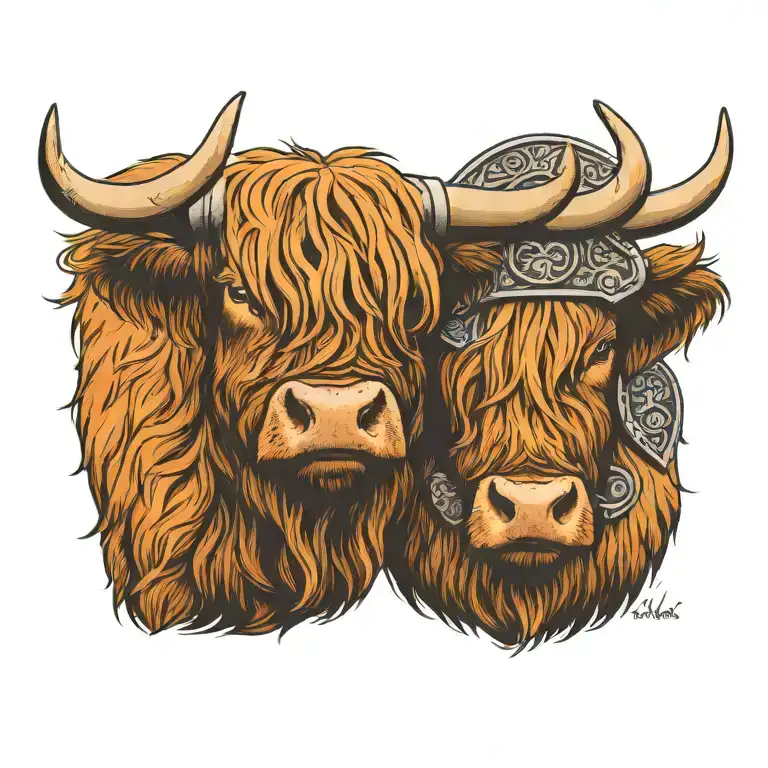 Highland Cow Wearing A Viking Helmet Is Nose To Nose With Another Highland Cow With A Shield