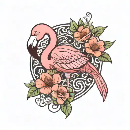 Flamingo Holding Two Flowers Intertwined
