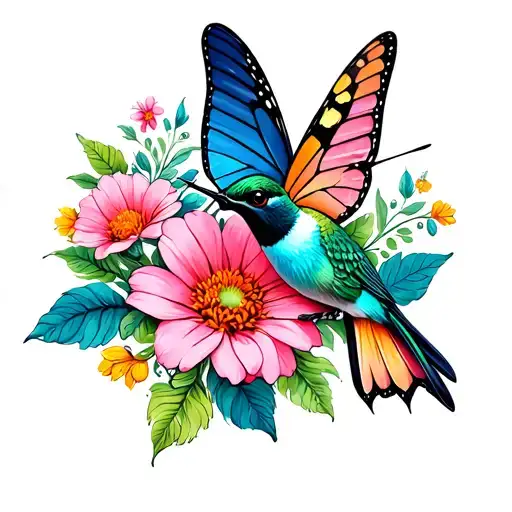 Foget Me Not Flower And Butterfly And Hummingbird