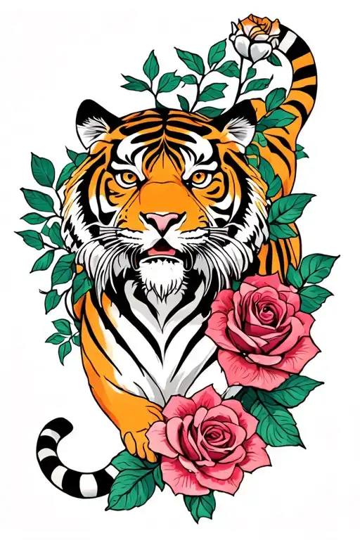 Crawling Tiger Color Tattoo With Roses Intertwined