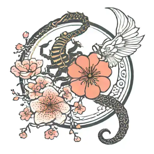 Waning Gibbous Moon With A Scorpion By The Side With A Cherry Blossom Coming Out Of The Tail