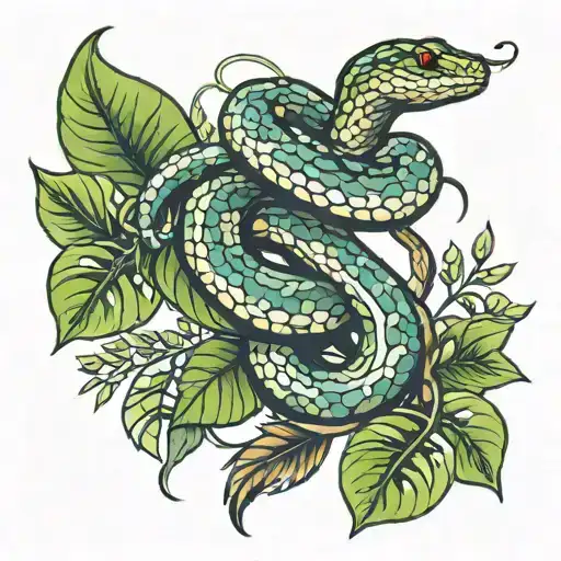 Snake Intertwined Jungle Leaves