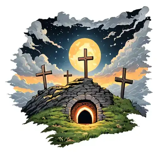 Jesus Empty Tomb And 3 Crosses On A Hill Dark Sky Filled