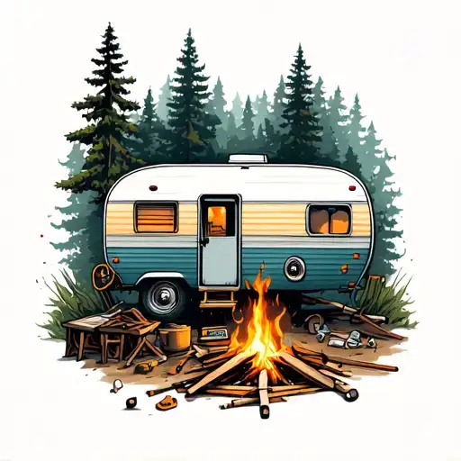 A Neotraditional Tattoo Of A Camper Being Built With Musical Tools Scattered Around The Scene