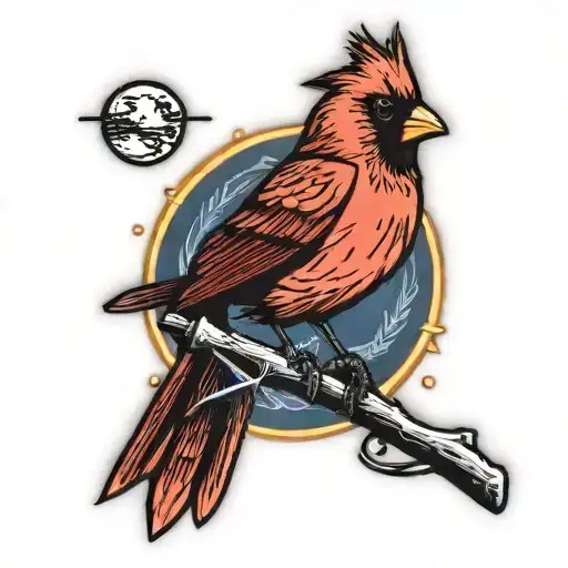 A Cardinal Perched In Front Of A Neon Sign Of A Moon