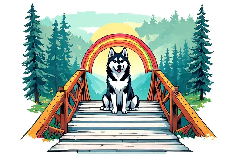 Husky Silloete Sitting At The Steps Of The Rainbow Bridge Looking Back Them One Last Time