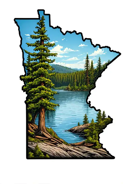 State Of Minnesota Outline With Wilderness Lake Scene