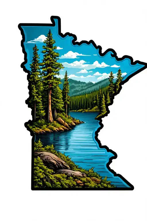State Of Minnesota Outline With Wilderness Lake Scene