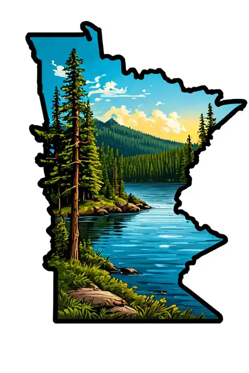 State Of Minnesota Outline With Wilderness Lake Scene