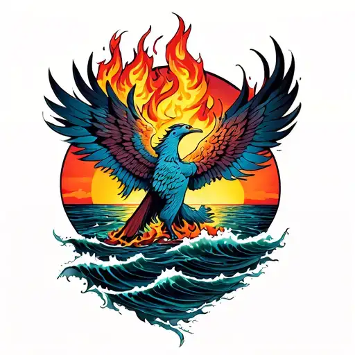 Sunset At Sea And Fire Phoenix Rising From The Ashes