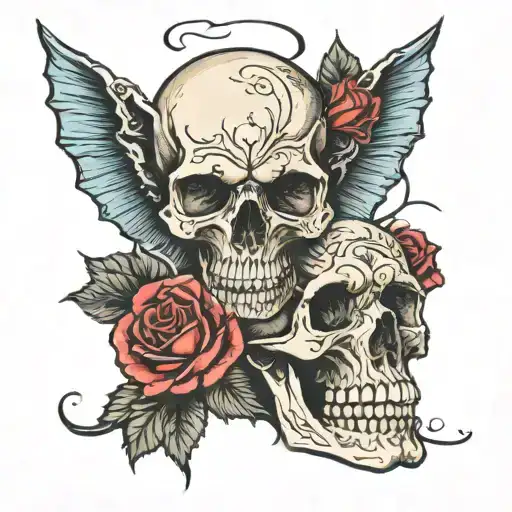 A Skull Split In Half And A Rose Coming Out
