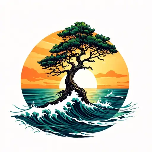 Cypress Tree - Sea Waves - Sun Setting