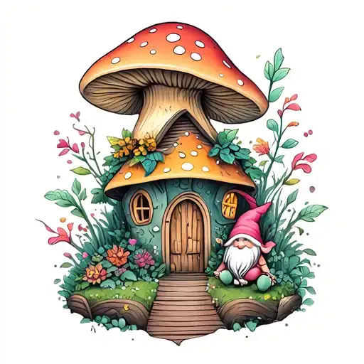 Fine Line Tattoo Fairy Mushroom House With Gnome Garden