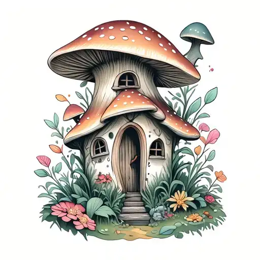 Fine Line Tattoo Fairy Mushroom House With Gnome Garden