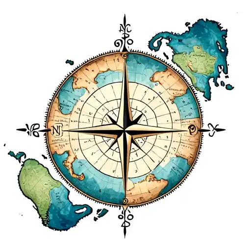 A Detailed Map Of The World With A Compass Rose In A Neotraditional Style