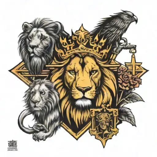 Three Crosses With A Lion And A King