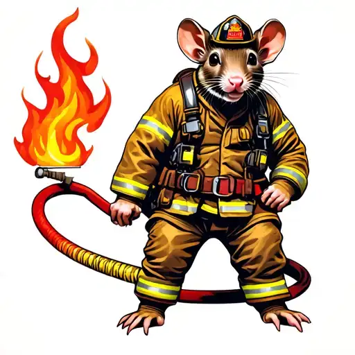 Muscular Rat Wearing Firefighter Gear With Fire Hose