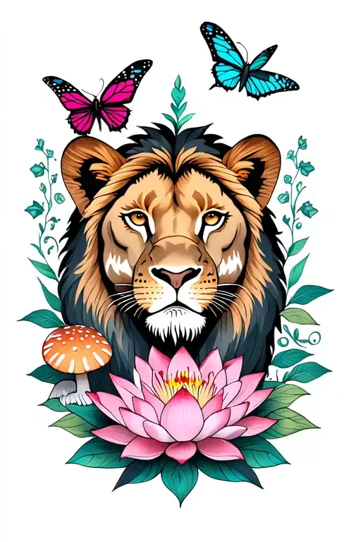 Lioness And Lotus Flower And Mushrooms And Butterflies
