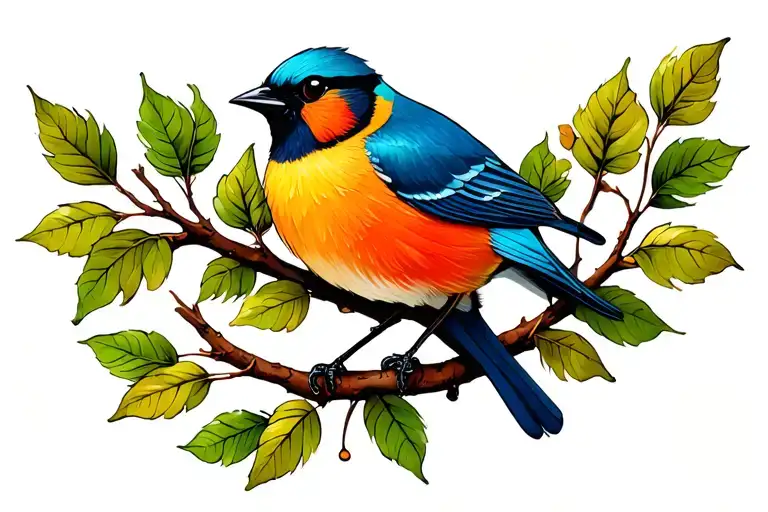 Birds And Branch With Leaves
