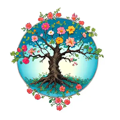 Tree With 5 Branches With Different Flowers Per Branch With Sheets And All Surrounded By A Circle