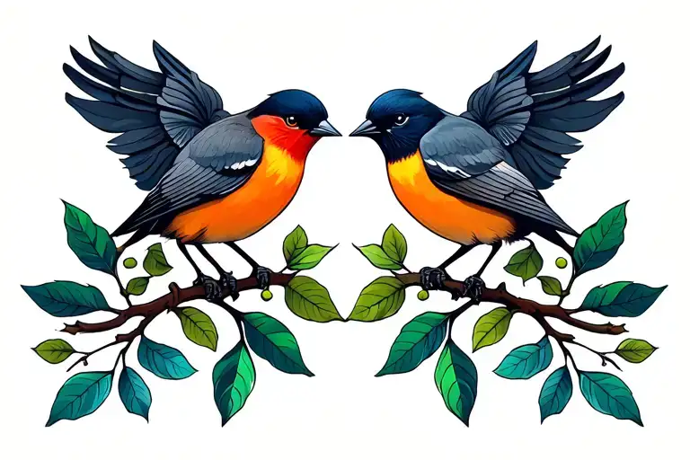 2 Birds And Branch With Leaves