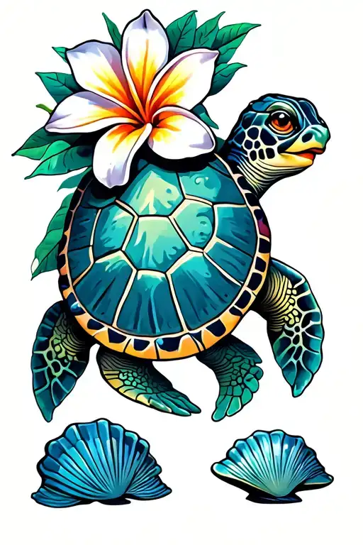 Sea Turtle With Seashell And Plumeria