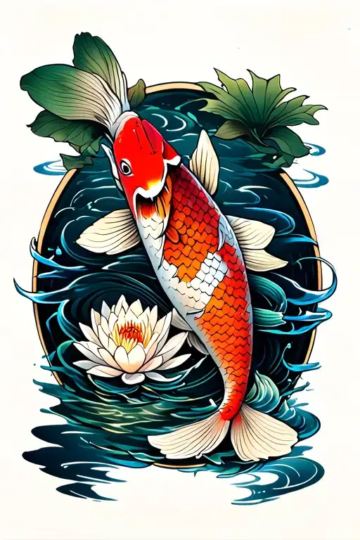 Koi Fish With Water Lily Intertwined