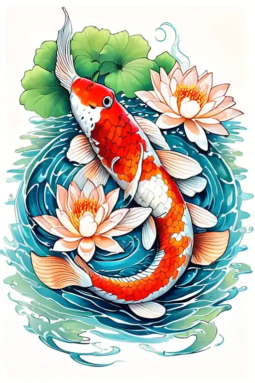 Koi Fish With Water Lily Intertwined