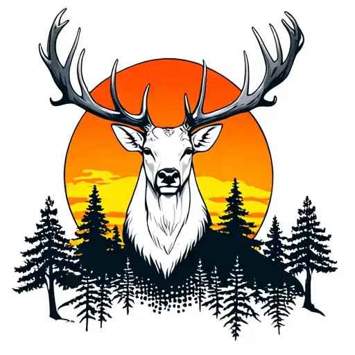 White Stag With Sun Set And Trees