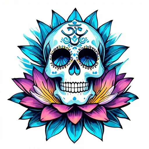 Blue Lotus Flower And Sugar Skull And Om Sign