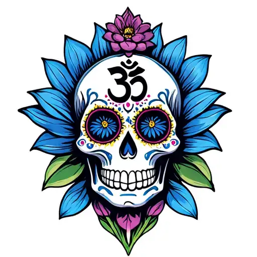Blue Lotus Flower And Sugar Skull And Om Sign On Forehead