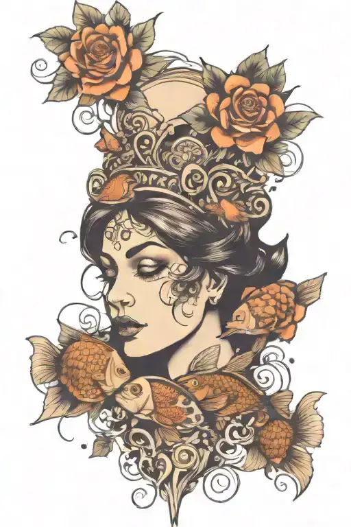 Piesces Woman Head Surrounded By Fish Swimming