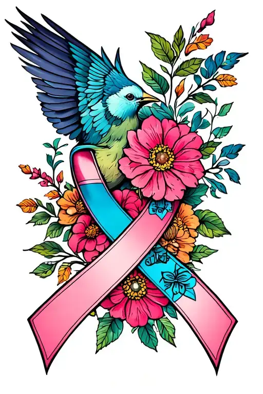 Thigh Sleeve Tattoo Flowers And Bird Cancer Ribbon