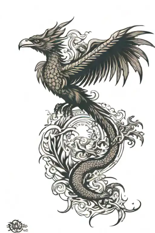 Phoenix And Dragon Flying Towards The Sun